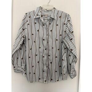 CHICO'S Black & Ivory Rope Tassel Print Button Down Shirt Top Sz L  Cotton